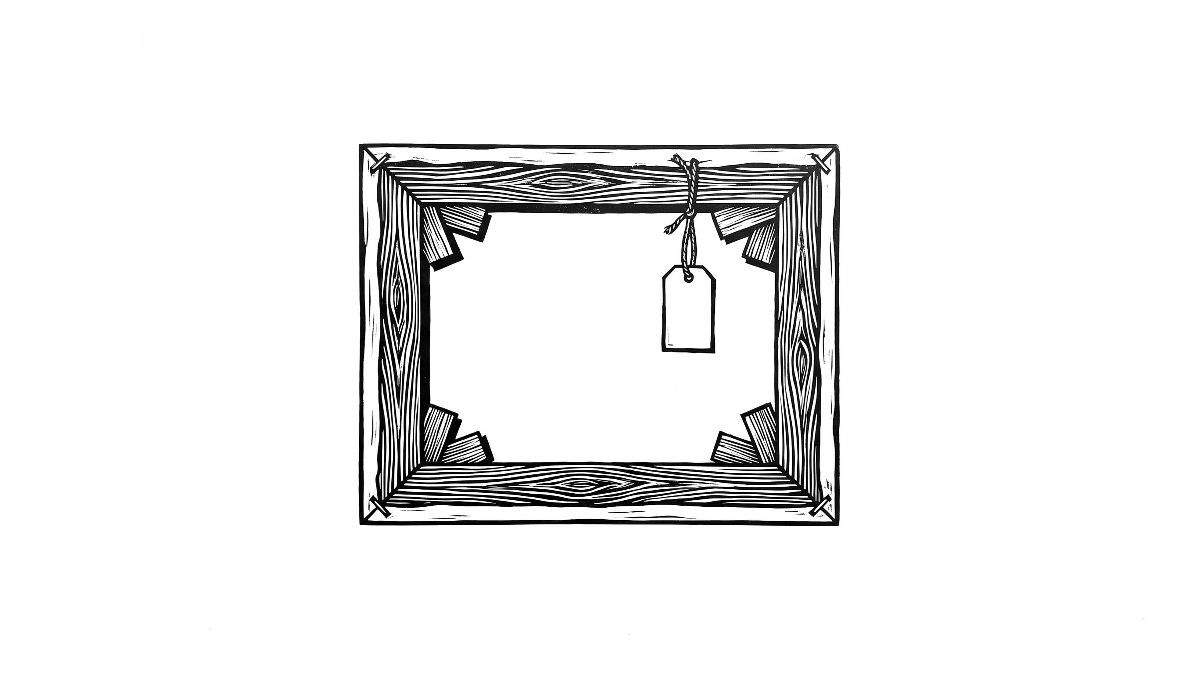 Holzschnitt: Die Rückseite einer Leinwand mit Keilrahmen und Holzkeilen, an einer Schnur hängt ein leeres Kärtchen.