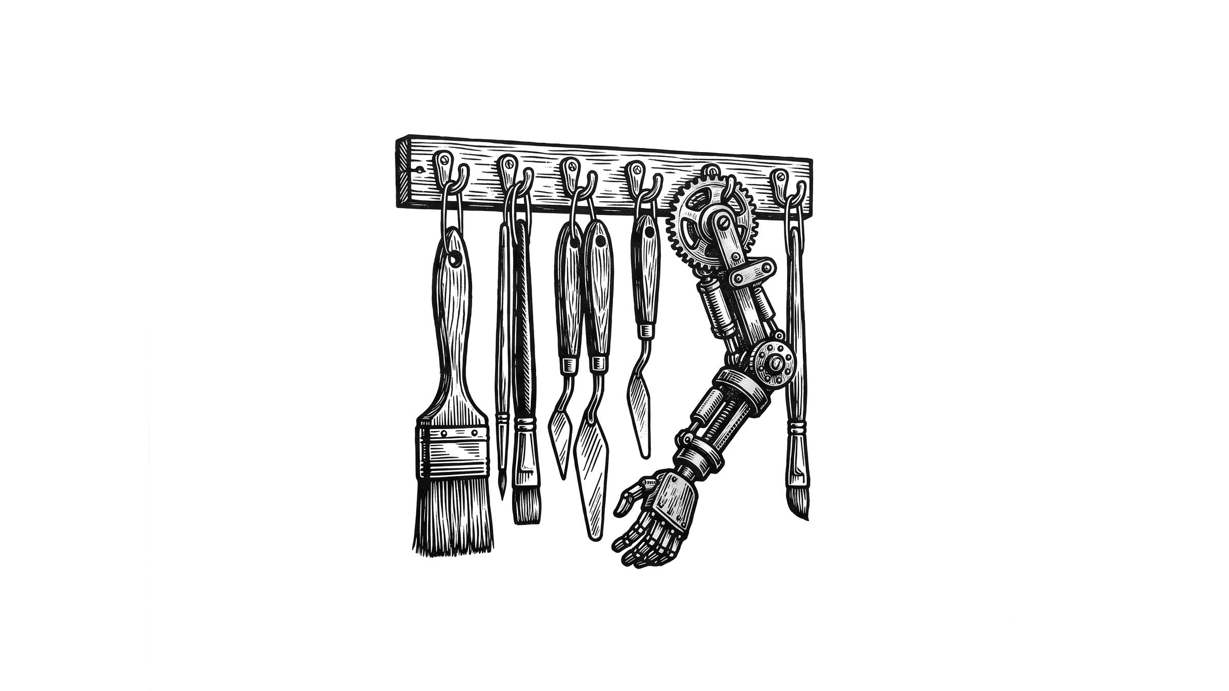 Holzschnitt: An einer Holzleiste hängen Pinsel und Spachtel, dazwischen ein kleiner mechanischer Arm aus Gelenken und Zahnrädern.