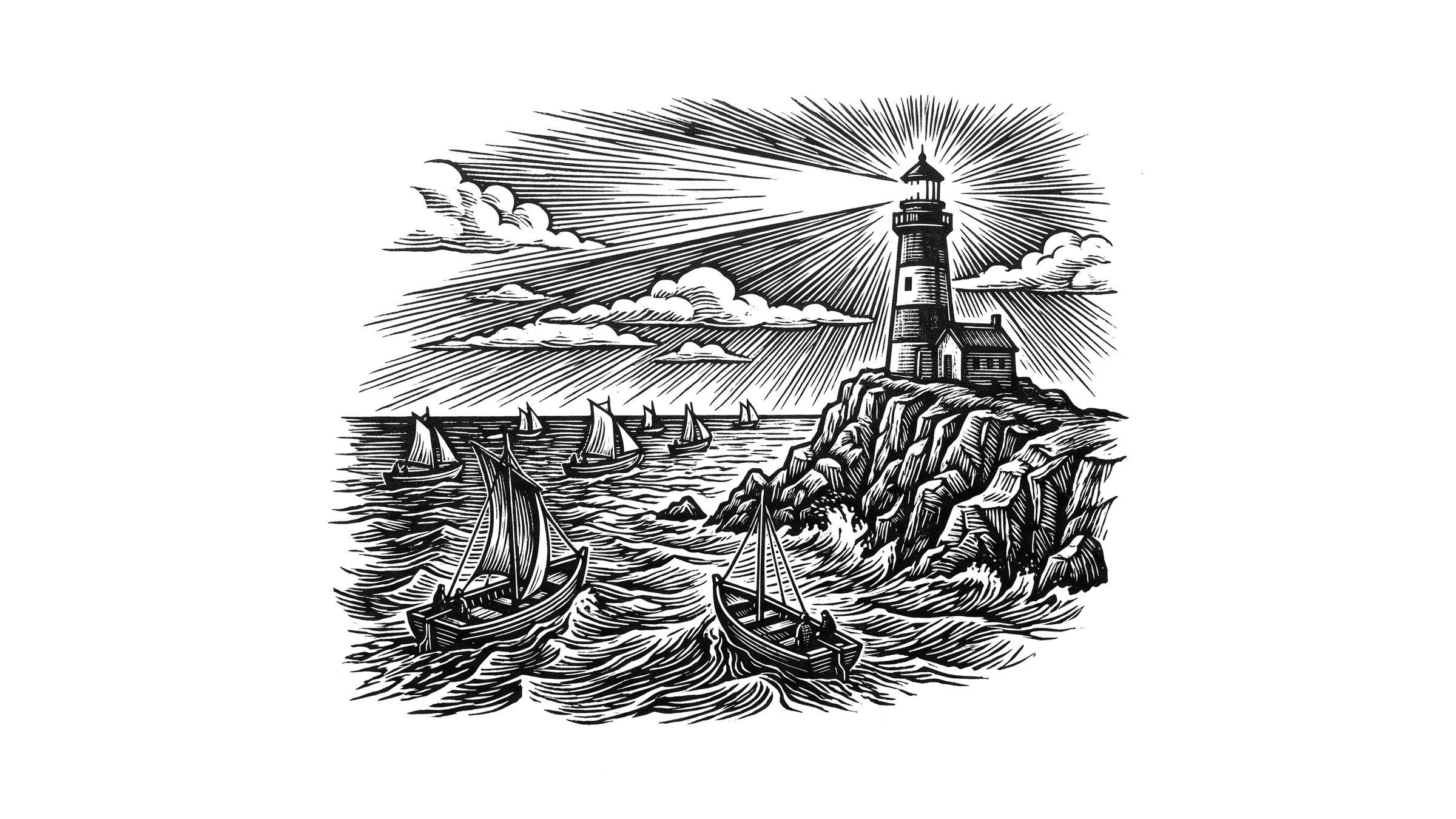 Holzschnitt: Ein Leuchtturm auf einer Felsklippe, auf dem Meer steuern kleine Segelboote auf sein Licht zu.