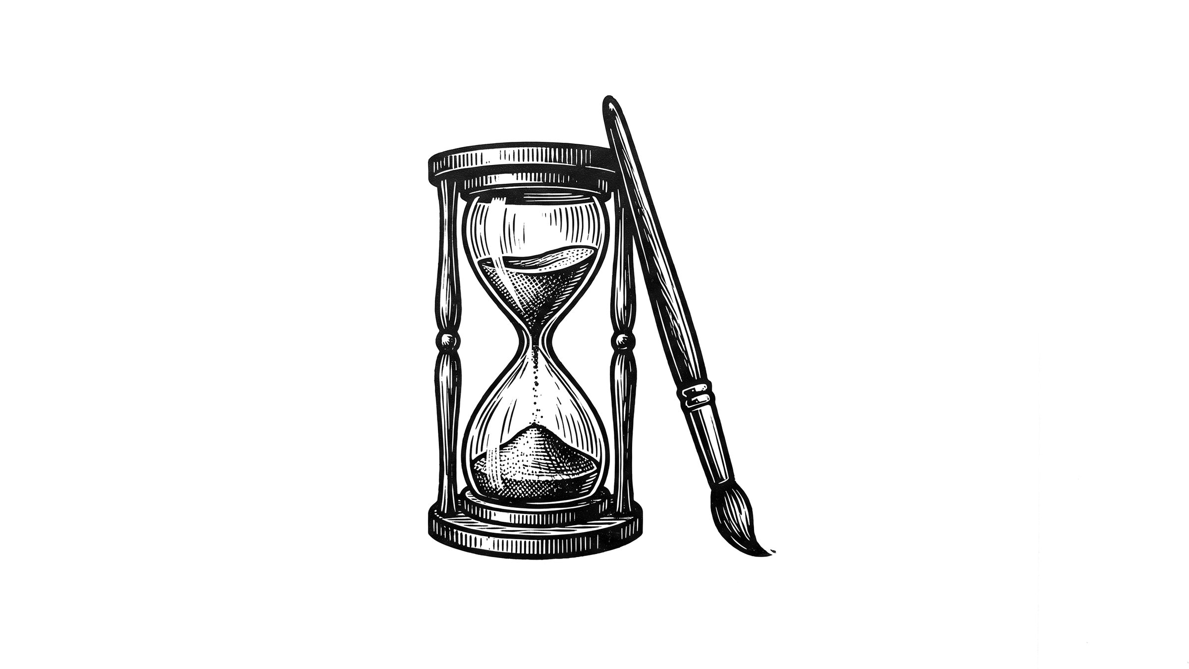 Holzschnitt: eine Sanduhr mit rieselndem Sand neben einem angelehnten Pinsel auf weißem Papier.